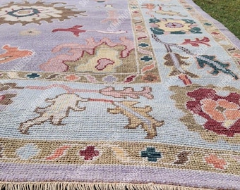 Handmade Wool Oushak Rug – Lavender Floral Turkish Carpet, 9x12