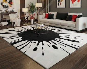 Tappeto moderno astratto bianco e nero / Tappeto fatto a mano / Tappeto contemporaneo per soggiorno / Tappeto da pavimento personalizzato