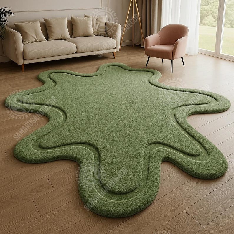 Green Organic Shape Rug – Modern Abstract Blob Carpet image 7