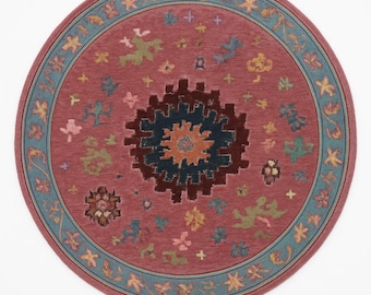 Handmade Round Wool Oushak Rug – Pink Boho Tribal Decor, 8x8 Handmade Custom Rug For Living Room,Bedroom,Floor Decor