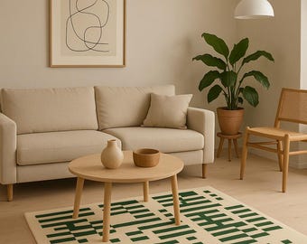 Green Geometric Rug, Modern Cream Abstract Wool Accent Rug