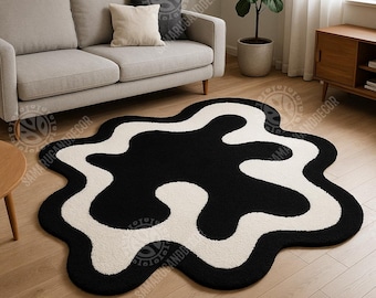 Tappeto trapuntato in lana bianco e nero: tappeto astratto irregolare per soggiorno, decorazione contemporanea per la casa, realizzato a mano.