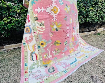Handmade Pink Wool Turkish Rug | Floral Oushak Oriental Carpet