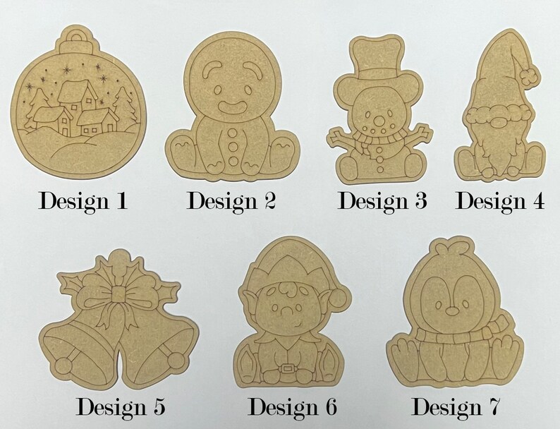 May include: Seven unfinished wooden Christmas decorations, each with a different design. The designs include a snowman, a penguin, a gingerbread man, a Christmas tree, a bell, an elf, and a gnome. The decorations are all blank and ready to be painted.