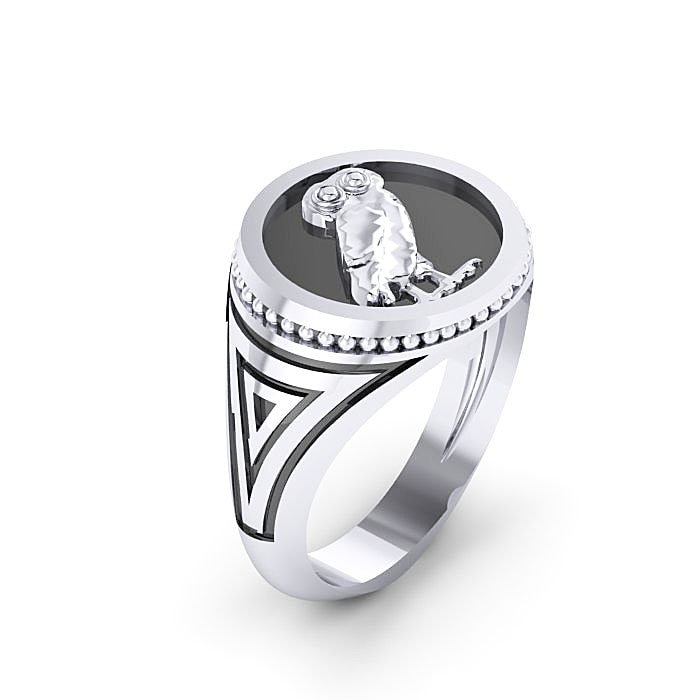 Owl of Goddess Athena Ring, Ancient Greek Mythology Seal Ring / Two-tone coloured Sterling Silver 92