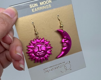 Vintage 90s Celestial Metallic Pink Sun And Moon Dangle Earrings New Old Stock