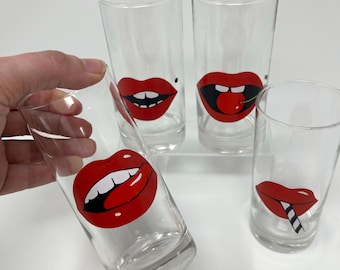 Vintage 90s Kitsch Lips Drinking Glasses Set Of Four