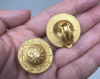 Vintage 1990s Celestial Sun, Moon And Zodiac Clip On Gold Tone Earrings