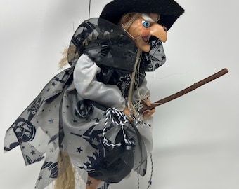 Vintage 1990s Hanging Folk Art Witch Doll Riding Broomstick, Large Size