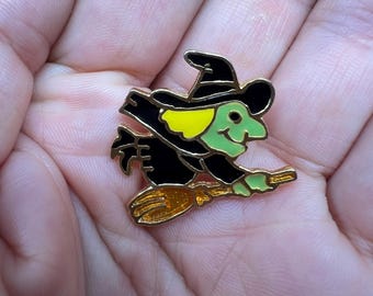 Vintage 1980s Witch On Broomsktick Enamel Brooch Signed D'Orlan