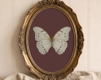May include: An oval-shaped, ornate gold frame containing a print of a white butterfly with delicate brown markings on a dark maroon background. The text UMBRA Digital Wall Art Prints is visible at the top center of the image above the frame.