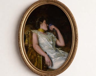 Lámina con retrato de mujer de estilo vintage: Dama elegante con flor (Descarga digital)