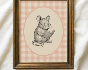 Mouse Reading Print – Nursery Wall Art, Cottagecore Animal Illustration, Pink Gingham Digital Download