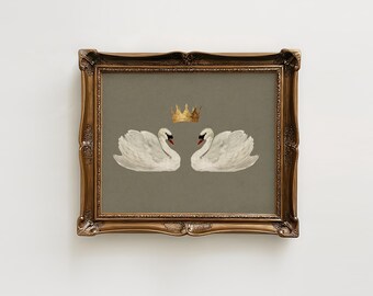 Impresión vintage de pareja de cisnes: Ilustración romántica estilo cottagecore (descarga digital)