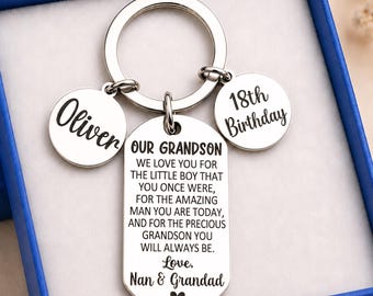 Personalised 18th Birthday Keyring for Grandson, Engraved Stainless Steel Keepsake Gift for Him