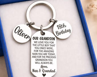 Personalised 18th Birthday Keyring for Grandson, Engraved Stainless Steel Keepsake Gift for Him