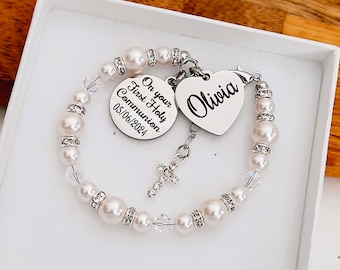 First Holy Communion gifts for girls, Personalised name Communion bracelet, Communion jewellery for daughter, cross, godchild girl, White