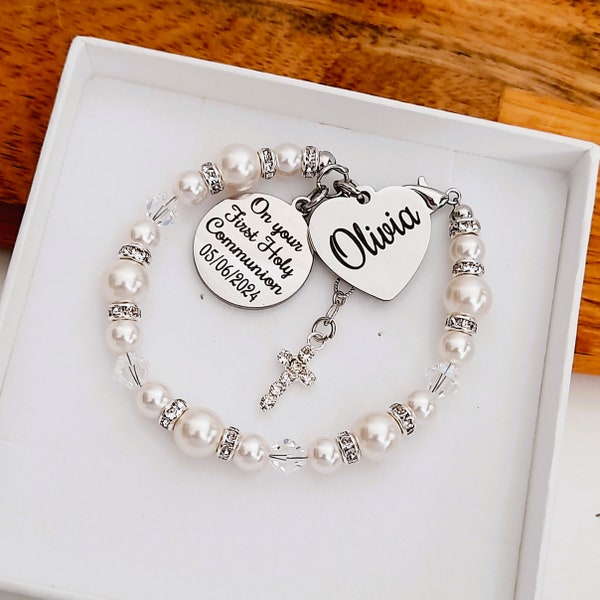 Girls First Holy Communion gift ideas, Personalised 1st Communion name bracelet, Custom Communion jewellery for a girl, cross , godchild