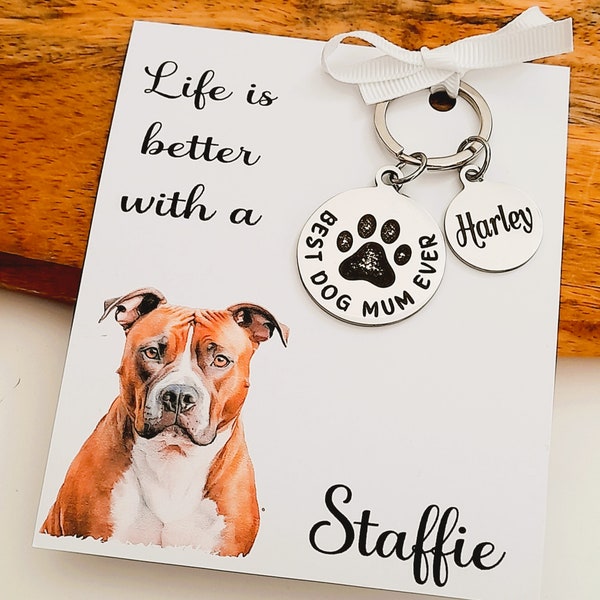 Staffie Personalised keychain, dog Dad or Dog Mum , Staffy Custom Pet name Keyring dog lover gift , gift for him , Gift for her ,