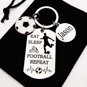 Eat Sleep Football Repeat Keyring, Unisex Football Gift for Him & Her, Personalised Stocking Filler, Christmas, Birthday, for Football Fans