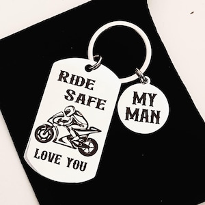 Ride Safe Keychain for Him – My Man Motorcycle Gift, Biker Keyring for Boyfriend Husband, Motorbike Birthday Gift idea, Presents for men