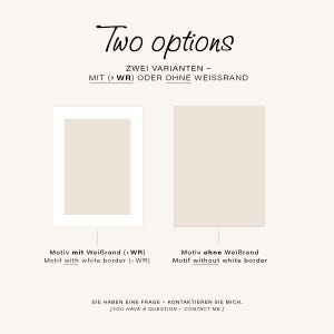 Puede incluir: Se muestran dos impresiones rectangulares de color beige. La impresi&oacute;n de la izquierda tiene un borde blanco, etiquetada como 'Motiv mit Wei&szlig;rand (> WR)' y 'Motif with white border (> WR)'. La de la derecha no tiene borde, etiquetada 'Motiv ohne Wei&szlig;rand'.