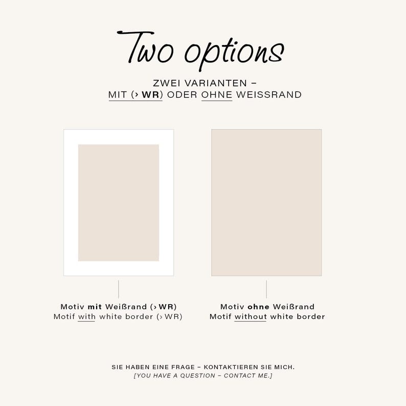 Puede incluir: Se muestran dos impresiones rectangulares de color beige. La impresi&oacute;n de la izquierda tiene un borde blanco, etiquetada como 'Motiv mit Wei&szlig;rand (> WR)' y 'Motif with white border (> WR)'. La de la derecha no tiene borde, etiquetada 'Motiv ohne Wei&szlig;rand'.