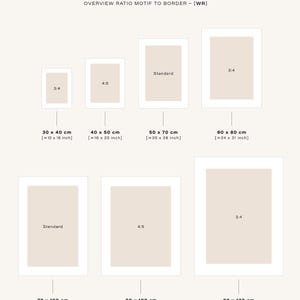 Puede incluir: Un gr&aacute;fico que muestra siete marcos rectangulares con bordes blancos y centros beige, etiquetados con relaciones de aspecto 3:4, 4:5 y Standard. Los tama&ntilde;os incluyen 30x40, 40x50, 50x70, 60x80, 70x100, 80x100 y 90x120 cm.