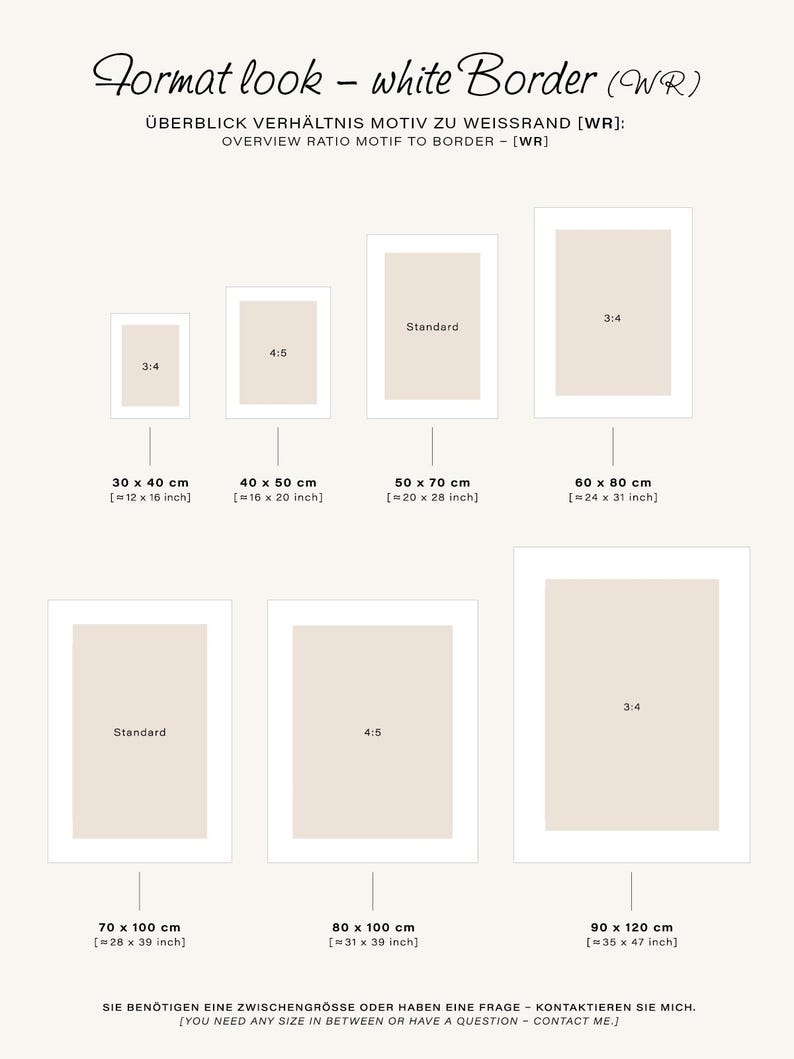 Puede incluir: Un gr&aacute;fico que muestra siete marcos rectangulares con bordes blancos y centros beige, etiquetados con relaciones de aspecto 3:4, 4:5 y Standard. Los tama&ntilde;os incluyen 30x40, 40x50, 50x70, 60x80, 70x100, 80x100 y 90x120 cm.