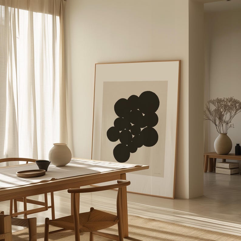 Estilo vintage, moderno de mediados de siglo, minimalista, impresión digital giclée, fragmento de impresión artística, arte mural Bauhaus, arte Japandi, Wabi-sabi, arte mural negro imagen 5