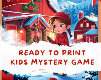 May include: A printable Christmas-themed kids mystery game for ages 8-10. The game features a red barn with snow on the roof and a girl in a red coat standing in front of it. The text "Ready to Print Kids Mystery Game" is written in white on a red background. The text "Christmas Detective" is written in white on a red ribbon.
