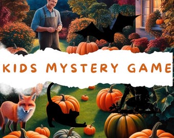 Pode incluir: Um jogo de mistério para crianças com tema de Halloween com uma faixa de papel rasgada que diz "KIDS MYSTERY GAME". A imagem mostra um homem em um jardim com abóboras, uma raposa, um gato e morcegos. Há uma lupa no chão.