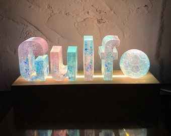 Lámpara de letras personalizada de fútbol, lámpara de resina de flores secas, luz nocturna con nombre personalizado