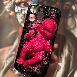 3D Pink Doll Phone Case Handmade Goth Creepy Eyes Cool Decoden Alien Facehugger Ugly Phone Cases Ghost Augapfel Für Iphone Samsung