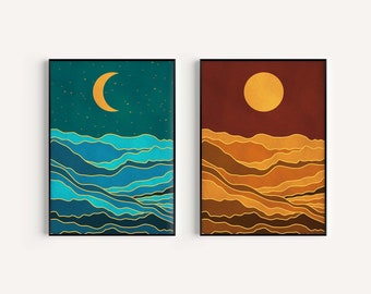 Sonne und Mond 2er Set, Wandkunst, abstrakte moderne Wandkunst, digitaler Download, Boho Drucke
