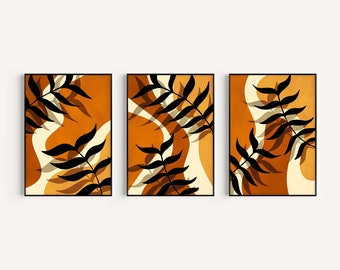 Ensemble de 3 imprimés de formes et de feuilles orange abstrait, art mural orange, art mural moderne abstrait, téléchargement numérique, impressions bohèmes
