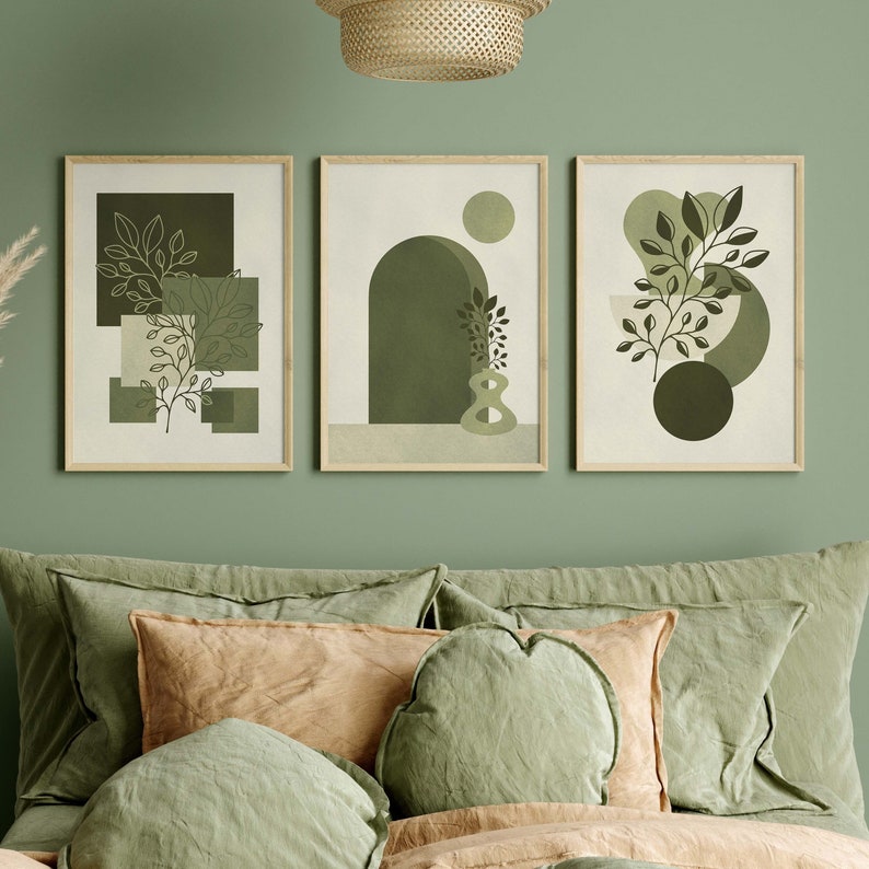 Abstract Green Nature Shapes Print Set of 3, Green Wall Art, Abstract ...