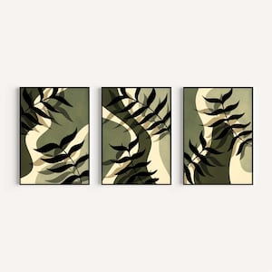 Abstract Green Shapes and leaves Print Set of 3, Green Wall Art, Abstract Modern Wall Art, Digital Download, Boho Prints