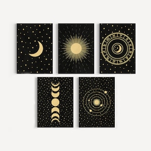 Printable Wall Art Constellation Wheel Zodiac Golden Star Collection Prints Set of 5, Black Wall Art, Modern Wall Art, Digital Download