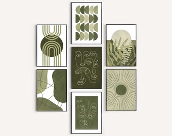 May include: Set of 7 abstract art prints in various shades of green. The prints feature geometric shapes, line drawings, and organic patterns.