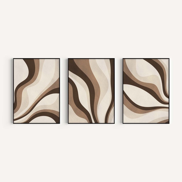 Abstract Brown Waves Print Set of 3, Brown Cream Wall Art, Abstract Modern Wall Art, Digital Download, minimalist wall Art Prints