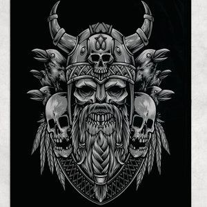 May include: A black and white illustration of a Viking warrior with a horned helmet, a long beard, and two skulls on either side of his head. The warrior is surrounded by ravens.