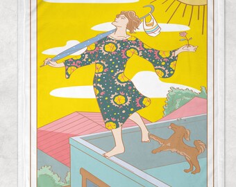 May include: A tarot card illustration of The Fool. The card features a woman in a patterned dress walking on a rooftop with a dog. The sky is yellow with a sun and clouds. The card is titled "THE FOOL".