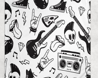 May include: Black and white illustration pattern featuring a variety of rock and roll themed elements, including guitars, skulls, lightning bolts, cassette tapes, and sneakers.
