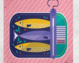 Sardine Tin Fish Screen Fleece Blanket - Ocean European Theme Can Fish Anchovies Pattern - Tin Fish Print Foodie Gifts