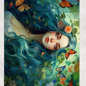 May include: A woman with long, flowing blue hair is surrounded by green leaves and colorful butterflies. She has a flower crown on her head and her eyes are closed. The image is painted in a realistic style.