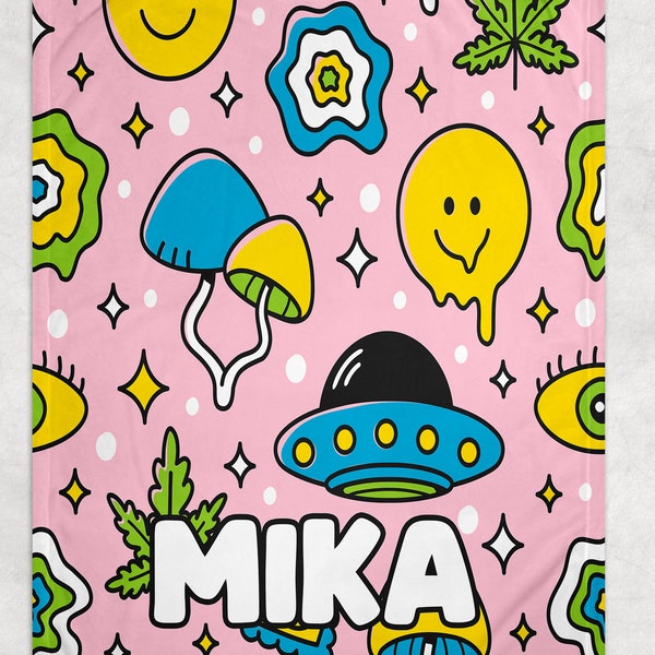 Personalized Baby Name Blanket, Groovy Girl Blanket, Retro Baby Blanket, Custom Kids Blanket, First Birthday Gift, Hippie Mushroom Blanket