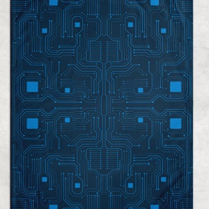 May include: A dark blue background with a repeating pattern of blue circuit board lines and squares.