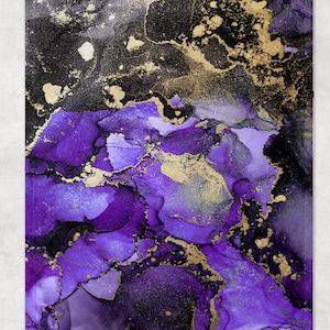 May include: Abstract art print with purple and gold swirls and splatters. The background is black.