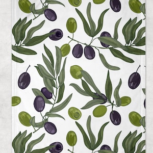 May include: A white background with a repeating pattern of green olives and olive branches with black olives. The olives and branches are drawn in a realistic style.